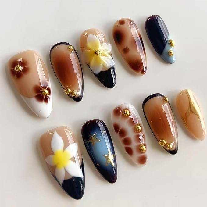 24Pcs Fall Flower Press on Nails Medium Almond Fake Nails with 3D Gold Balls Designs French Tip Glue on Nails Glossy Brown Full Cover Artificial Nail Autumn Holiday False Nail for Women Girls DIY