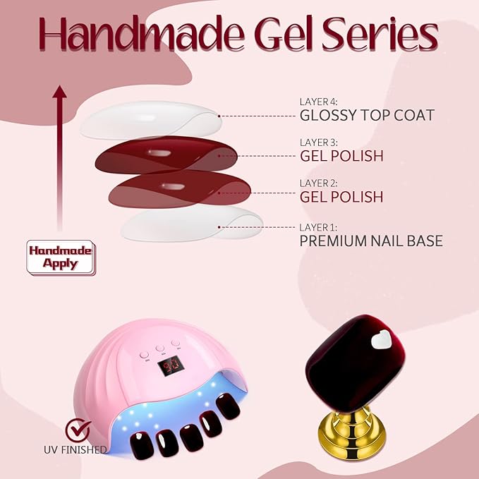GLAMERMAID Dark Red Press on Nails Extra Short Square, Winter Handmade Jelly Soft Gel on Nails Burgundy Fake Nails, Glossy Red Stick Glue on Nail Reusable Acrylic False Nails Manicure Kits for Women