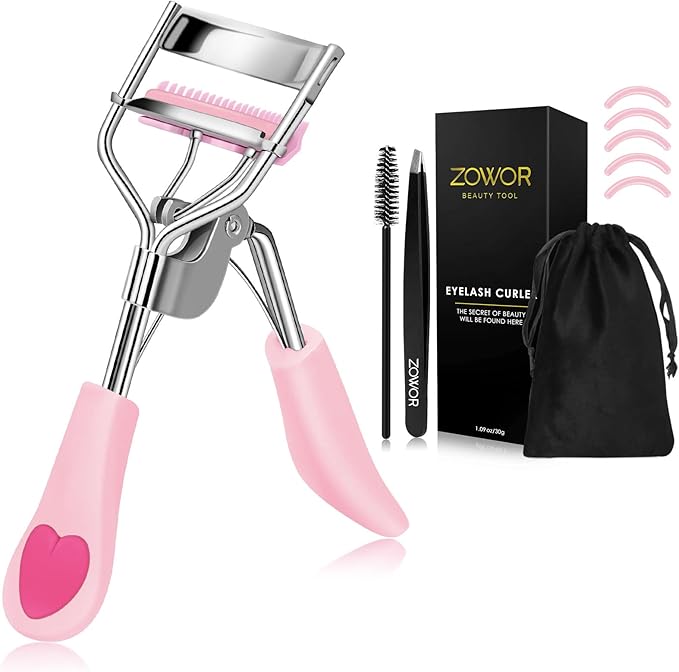 Eyelash Curler with 5PCS Silicone Refill Pad Fit All Eye Shape Curved Eyelash Curler,Natural and Long Lasting Lash Curler for Women Make Up Gift(Light Pink)