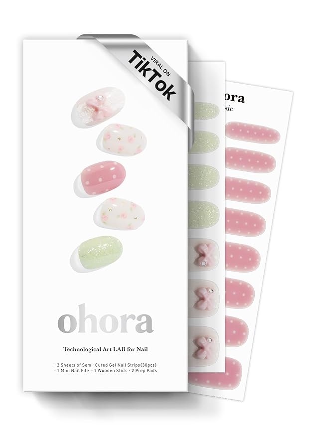 ohora Semi Cured Gel Nail Strips (N Bloom Bonbon) - Works with Any Nail Lamps, Salon-Quality, Long Lasting, Easy to Apply & Remove - Includes 2 Prep Pads, Nail File & Wooden Stick