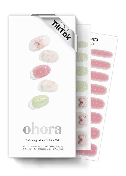 ohora Semi Cured Gel Nail Strips (N Bloom Bonbon) - Works with Any Nail Lamps, Salon-Quality, Long Lasting, Easy to Apply & Remove - Includes 2 Prep Pads, Nail File & Wooden Stick