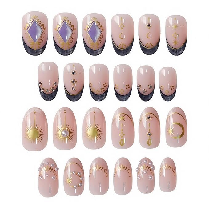 French Tip Press on Nails Gold Fake Nails with Pearl Design Nude Glue on Nails Medium Almond False Nail Glossy Full Cover Artificial Acrylic Glitter Stick on Nail for Women Girls Manicure 24Pcs