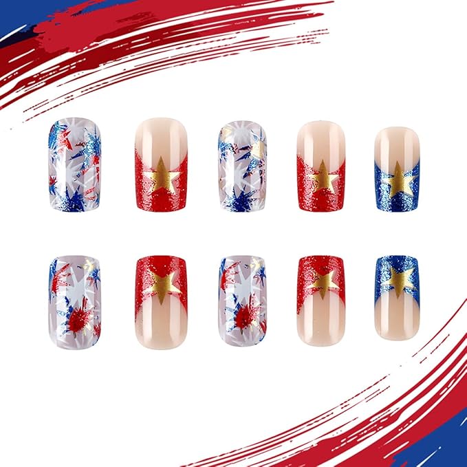 Fourth of July Press on Nails Independence Day Fake Nails French Tip False Nails Red Blue Fireworks with Star Design Glitter Stick on Nail Full Cover Acrylic Glue on Nail for Women Decor Manicure