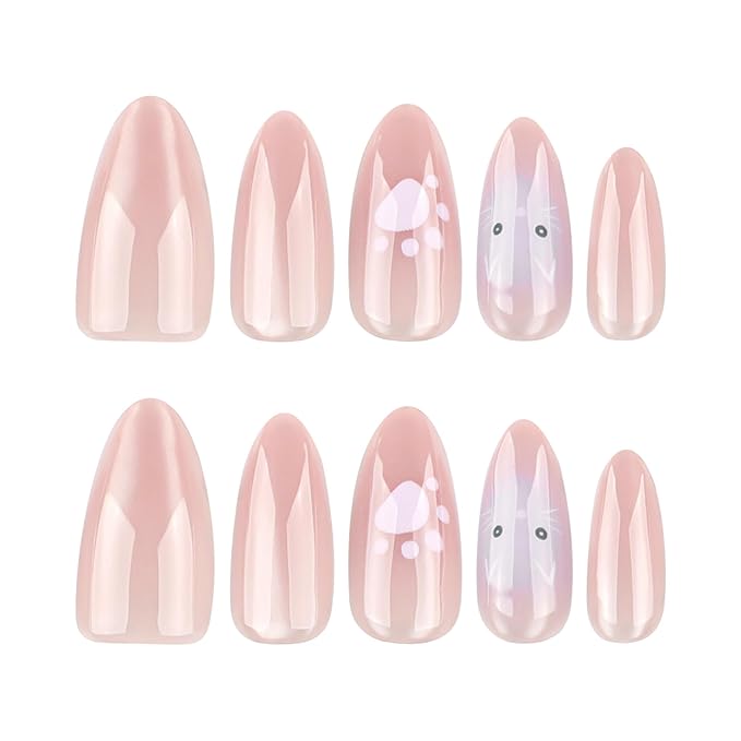 Nude Ombre Press On Nails Almond Medium, Cat Eye Fake Nails with Cute Cat Paw and Kitten Detail Design, Color-Shifting Glow, Reusable Glue On Nails Kit for Women, 24Pcs