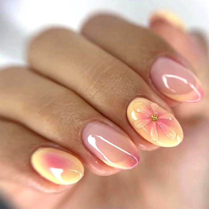 Fall French Tip Press on Nails Short Almond False Nails With Yellow Pink Gradient Design Full Cover Glue on Nail Reusable 3D Flower Acrylic Fake Nails Glossy Artificial Stick on Nail for Women