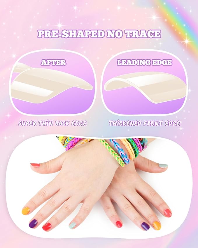 krofaue 240Pcs Kids Press on Nails with Handle - Short Fake Nails for Girls 12 Sizes Soft Gel Nail Tips for Safe & Fun DIY Nail Tips Art for Children 9-12(Nature)