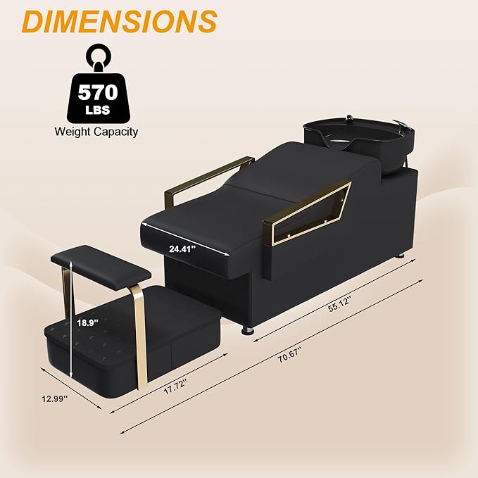 Shampoo Bowl and Chair Set for Salon, Hair Washing Station for Hair Stylist, ABS Backwash Shampoo Bowl Sink with Independent Footrest for Spa Beauty Barbershop(Black+Gold)