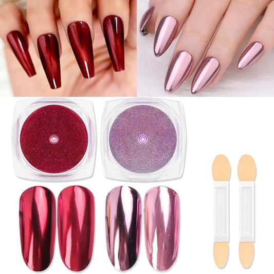 evpct 2Pcs Red Rose Gold Metallic Mirror Effect Chrome Nail Powder Kit for Nails Polish Rainbow Holographic Iridescent Chameleon Neon Nail Pigment Mirror Chrome Nail Powder for Gel Nails Glitter