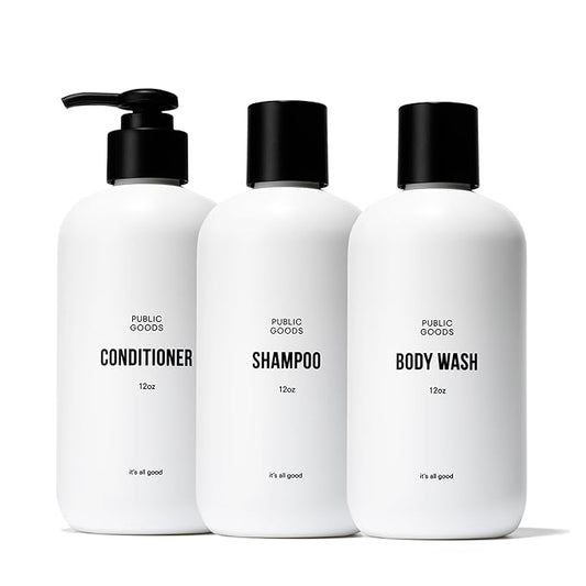 Public Goods Shower Essentials for Men and Women | Natural Shampoo, Conditioner & Body Wash | Made with Organic Essential Oils | Sulfate & Paraben Free | Vegan Friendly | 12 Fl Oz Bottles