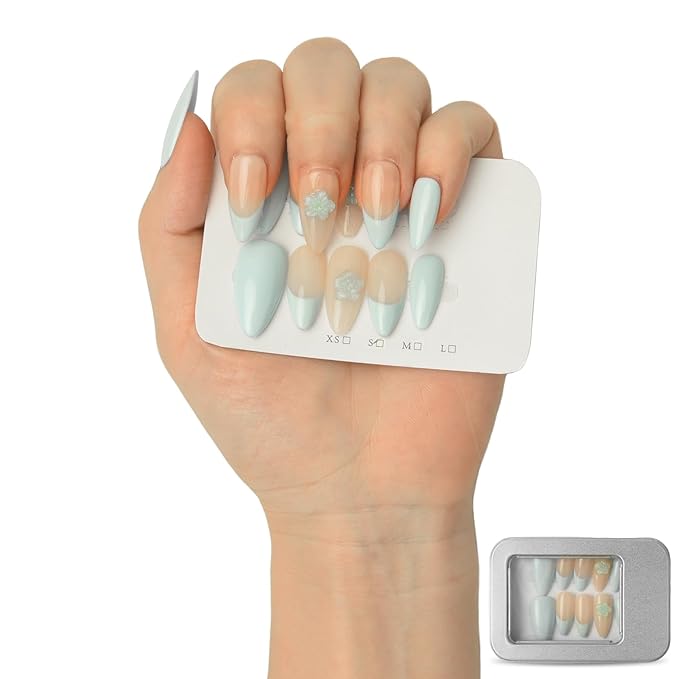 3D Blue Floral Press On Nails Medium Almond- Handmade Nude Base Blue French-Tip Salon Gel Acrylic Nails-Reusable Full Set 10pcs (Crystal Flower, Size S)