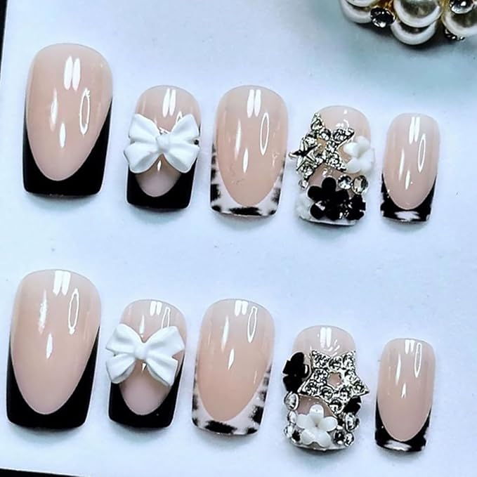 24Pcs Black French Tip Square Press-on False Nails with Zebra Print, White Bow, Flower Rhinestones, Silver Star Designs, Full Cover Artificial Glue-on Nails