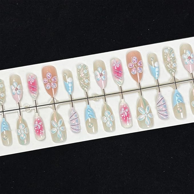 30Pcs 3D Handmade Press on Nails with Charms Medium Almond Fake Nails Cute French Tip Nails Press ons 3D Flower Stick on Nails Almond Shape Acrylic Nails Pink Glossy Glue on Nails for Women Daily Wear