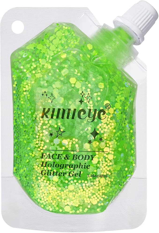 Holographic Face Glitter Gel Body Shimmer Makeup for for Hair, Face, Clavicle, Arm, Nail, Eyeshadow, Long Lasting Waterproof Mermaid Sequins Party Glitter for Rave Festival, 1.35oz (Luminous Green)