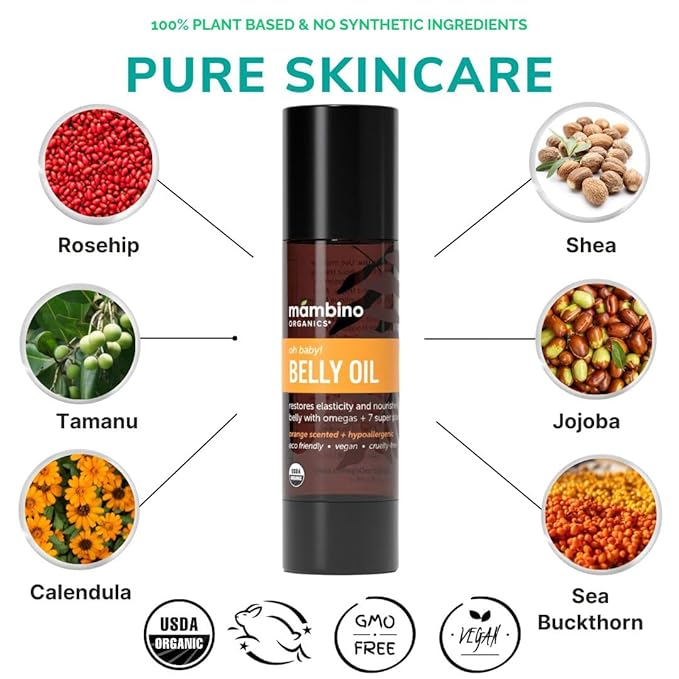 Mambino Organics Oh Baby! Belly Oil – Organic Elasticity Oil with Egyptian Calendula, Vietnamese Tamanu & Dutch Shea – Pregnancy Oil for Stretch Marks – Cruelty-Free Maternity Care, 3-Pack 2 fl oz