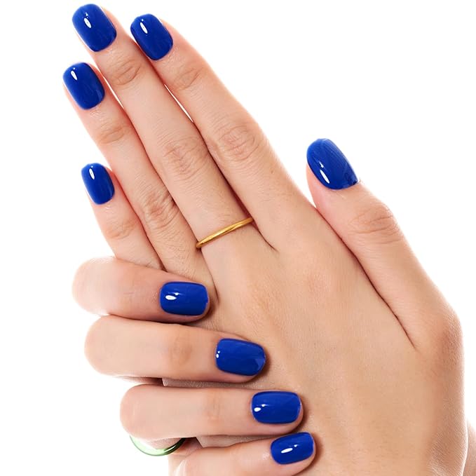 GLAMERMAID Extra Short Press on Nails 24PCS, Royal Blue Jelly Fall Gel Glue on Nails, Glossy Round Reusable UV Finish Fake Nails Acrylic False Nails Manicure Kits for Women