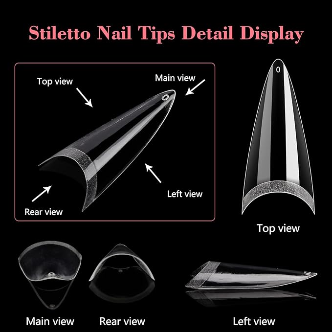 Clear Stiletto Nail Tips, No C Curve Medium Nail Tip for Acrylic Nails Professional, 550PCS Soft Gel Nail Tips Half Cover Stiletto Almond Fake Nails Extension for Salon Home DIY