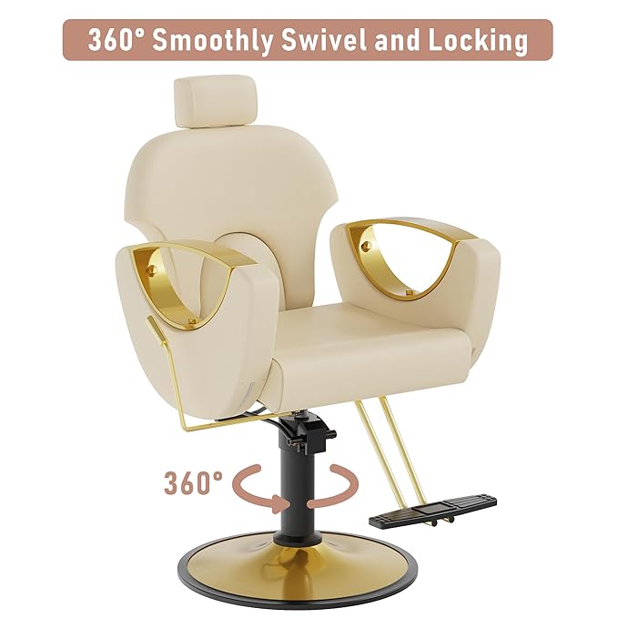 Barber Chair, Salon Chair for Hair Stylist, Height Adjustable Hydraulic Hair Reclining Salon Chairs, 360 Degrees Rotation, Multi-Function Shampoo Chair for Barbershop (Beige)