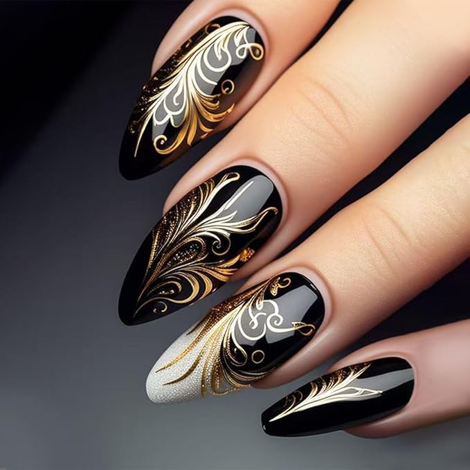Almond Press on Nails Medium Black Fake Nails Luxurious Gold Stripes False Nails with Designs Golden Line Glue on Artificial Acrylic Nails Press ons Glossy for Women Girls Manicure 24Pcs