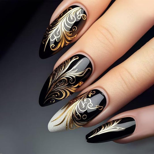 Almond Press on Nails Medium Black Fake Nails Luxurious Gold Stripes False Nails with Designs Golden Line Glue on Artificial Acrylic Nails Press ons Glossy for Women Girls Manicure 24Pcs