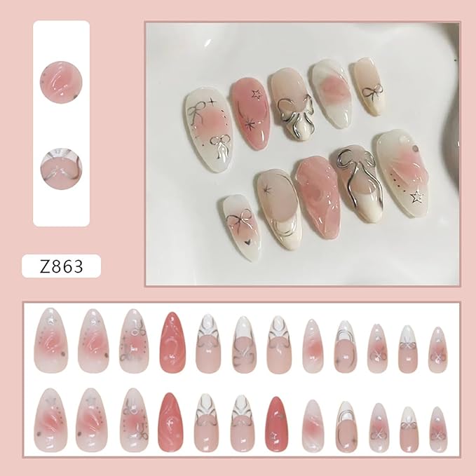 24Pcs Pink Almond Acrylic False Nails - Bow, Heart, Star, Glitter Design - Full Cover, White French Tip - DIY Nail Art Tools Included