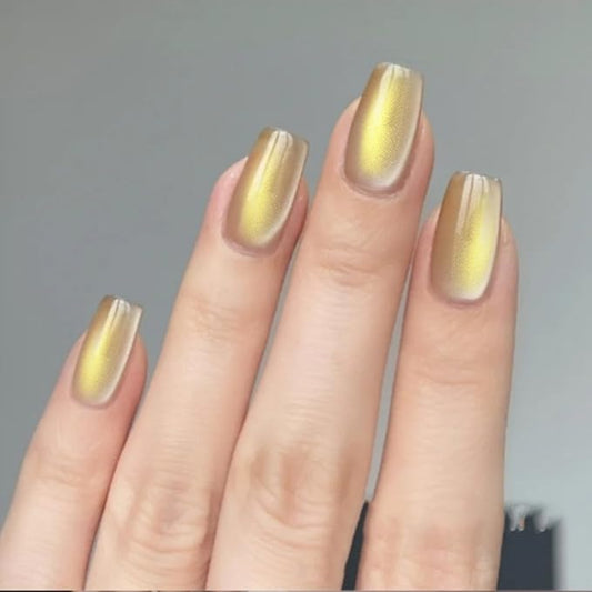 Press on Nails Short Square Fake Nails Gold Chrome Acrylic Nails Nude Nails Press Ons Glossy Glue on Nails Shiny Stick on Nails Ombre Artificial Nails for Women Manicure 15 Size - 30 Pcs