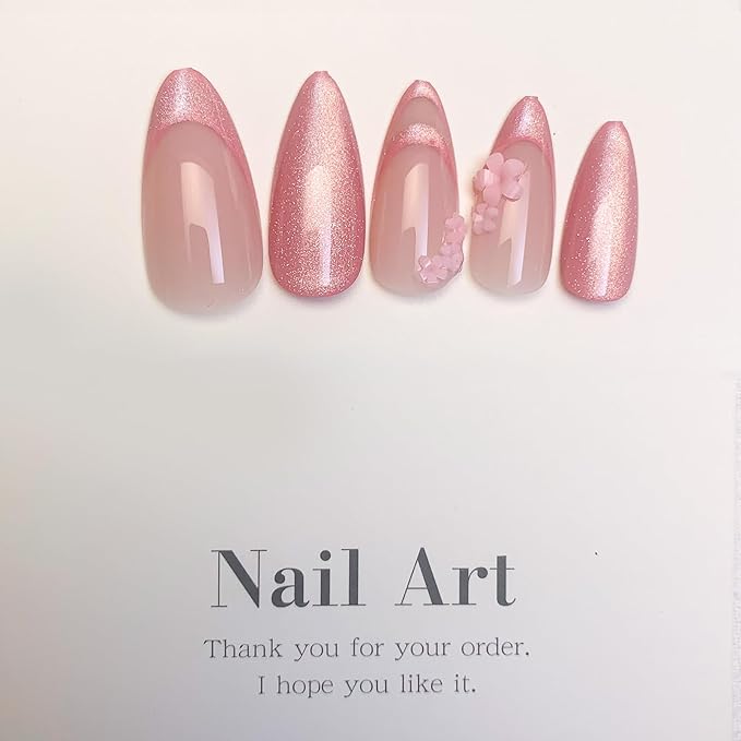 Medium Press on Nails Almond Fake Nails Pink Glitter Acrylic False Nails with Deigns Sakura Flower Glue on Nails Press ons French Nails Decorations for Women Girls 24Pcs