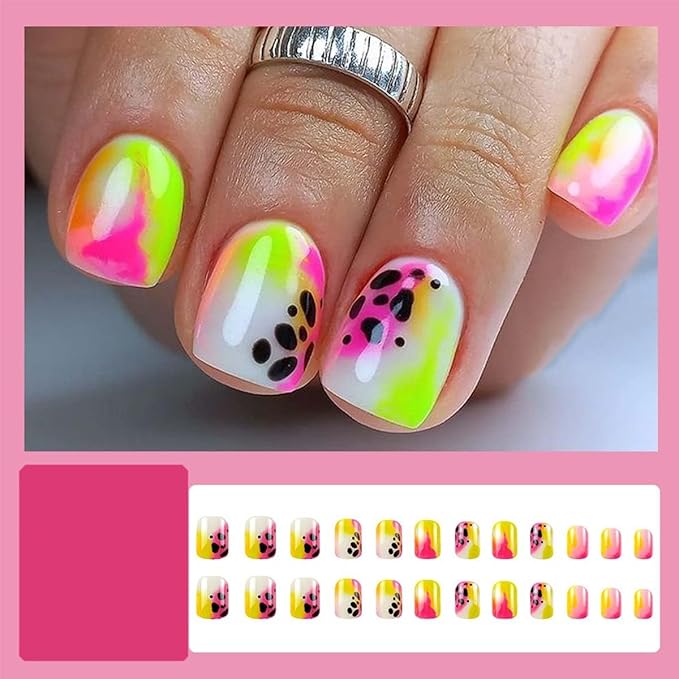 Short Press On Nails Square Fake Nails Leopard Print With Gradient Design Summer False Nails Full Cover Acrylic Nails Artificial Nails Glossy Glue On Nails Stick On Nails For Women 24pcs