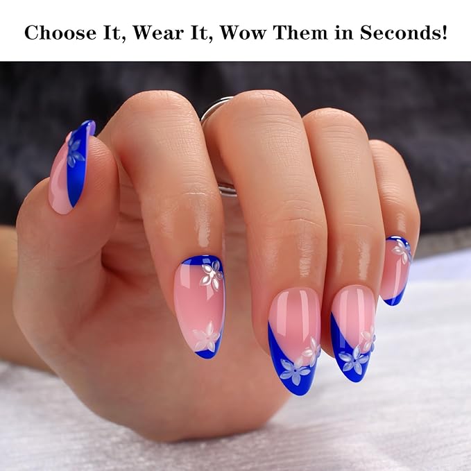 Blue French Tip Press-On Nails with 3D Flower Design, Almond Shaped Fake Nails, Glossy Reusable Stick-On Nails for Women, 24Pcs Full Cover Nail Kit