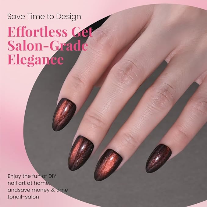evpct Dark Red Press on Nails Almond Short, Reddish Brown Cat Eye Glitter Press on Nails for Women Gift, Soft Gel Press Glue On Nail with Nail Glue, Full Cover, 30Pcs Reusable Acrylic Fake Nails Kit