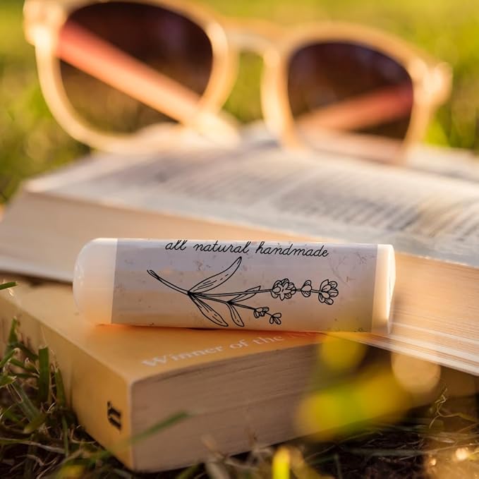 OLYCRAFT 100Pcs 4 Style Lip Balm Label Sticker Word Labels Stickers Adhesive Lip Balm Label Sticker Plastic Lipstick Tag Stickers for Lip Balm Container Tubes 1.7x2.1 inch