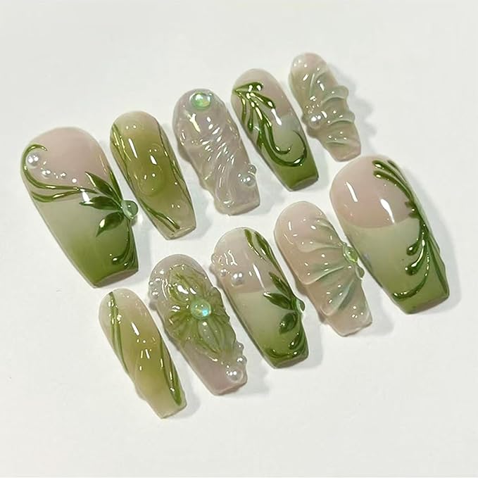 24pcs French Tip Press on Nails Long Coffin Fake Nails with 3D Flower Vines Pearl Designs Summer False Nails Green Floral Stick on Nails 3D Acrylic Nail Tips Full Cover Glue on Nails for Women