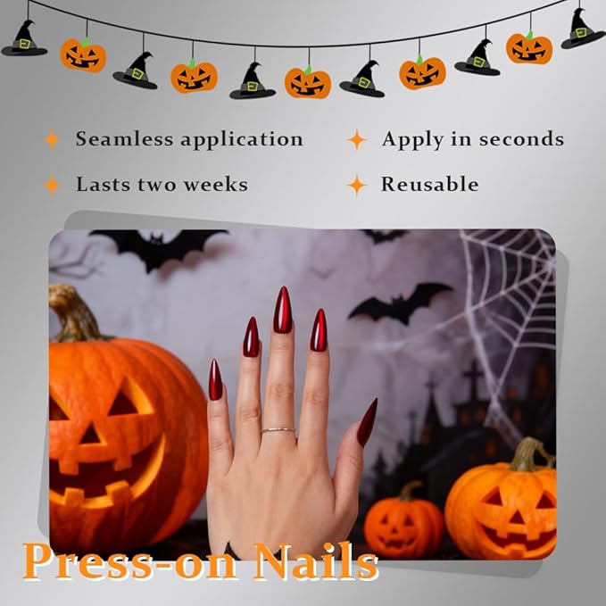 evpct Dark Red Cat Eye Press on Nails Almond Long, Stick on Glue on Nail Long Almond for Women Gift with Glue, Bloond Red Metallic Glitter Soft Gel Reusable Press on Acrylic Fake Nail with Designs