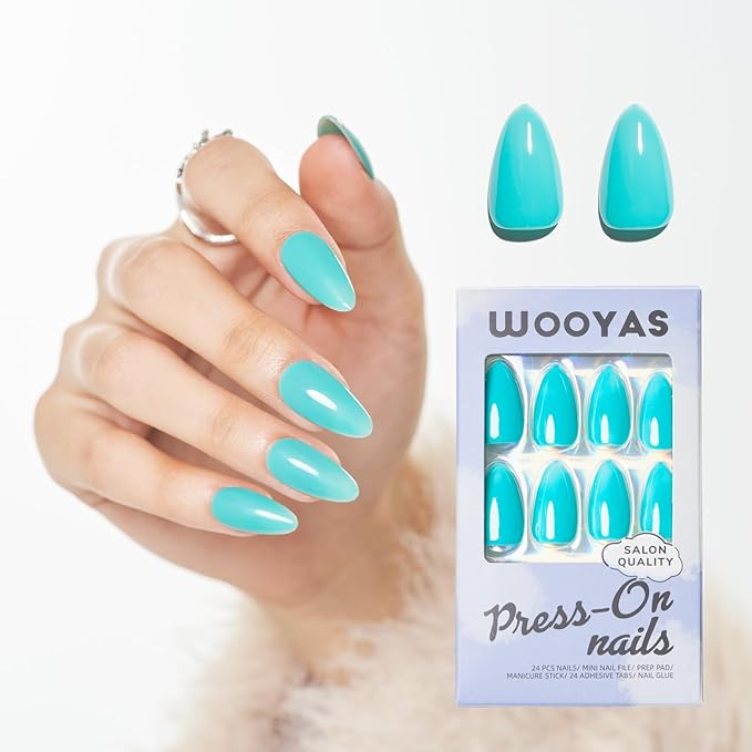 WOOYAS Press on Nails Medium-Trquoise Solid Color Glossy Fake Nails Press Ons Almond Shape, Glue on Nails for Women and Girls Daily Wear in 24PCS