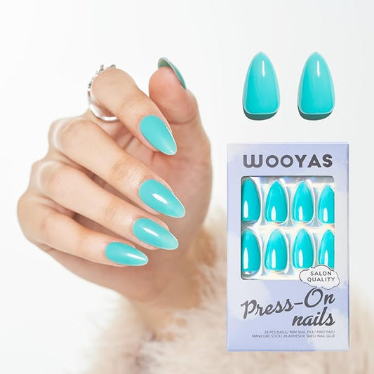 WOOYAS Press on Nails Medium-Trquoise Solid Color Glossy Fake Nails Press Ons Almond Shape, Glue on Nails for Women and Girls Daily Wear in 24PCS