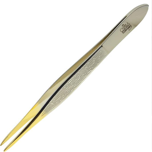 CS32 3 1/2" Gold Tipped, Surgical Grade, German Stainless Steel Tweezers (Pointed) - Flawless Eyebrow and Facial Hair Shaping and Removal for Men/Women