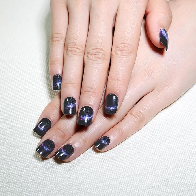 evpct Dark Blue Cat Eye Extra Short Press on Nails Square, Petite Short Square Glue on Nails for Women Gift, Smile Purple Metallic Glitter Glossy Reusable Gel Press on Acrylic Fake Nail with Designs