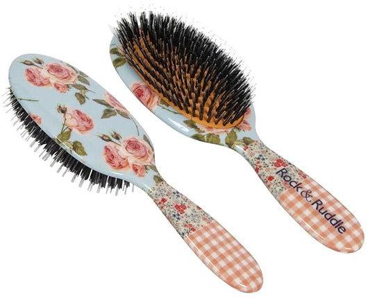 Rock & Ruddle Natural Mixed Boar Bristle Hair Brush for Women and Kids (Large, 21 cm) - Perfect for Wet or Dry Hair, Detangling Smoothing Blowdrying - Designed & Made in UK - Pink Gingham Design