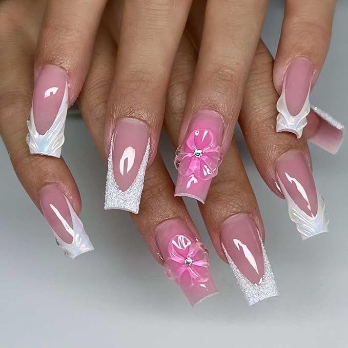 French Press on Nails Medium Long Pink Fake Nails Square Bling Glossy 3D Flower Design False Nail Tips Artificial Nails Finger Manicure for Women and Girls-24pcs