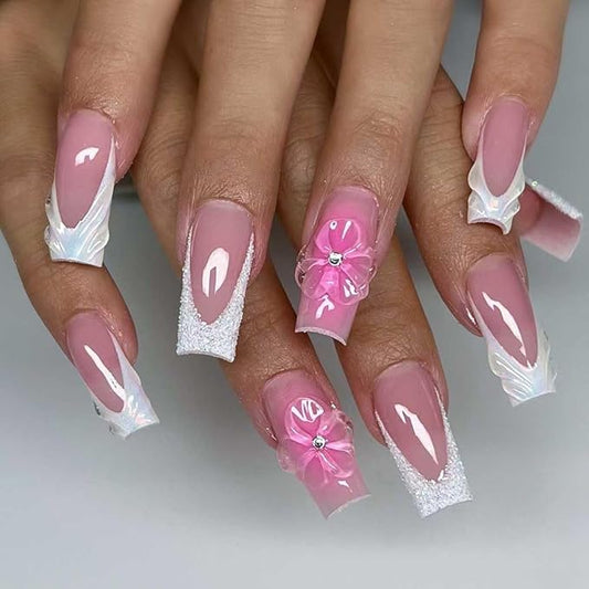 French Press on Nails Medium Long Pink Fake Nails Square Bling Glossy 3D Flower Design False Nail Tips Artificial Nails Finger Manicure for Women and Girls-24pcs