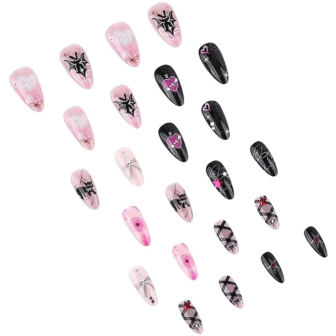 24Pcs Halloween Press on Nails Medium Almond Fake Nails with Gothic Bat Heart Bow Rhinestones Design Glossy Y2k Glitter False Nails Cute Halloween Stick on Nails Cat Nail for Women DIY