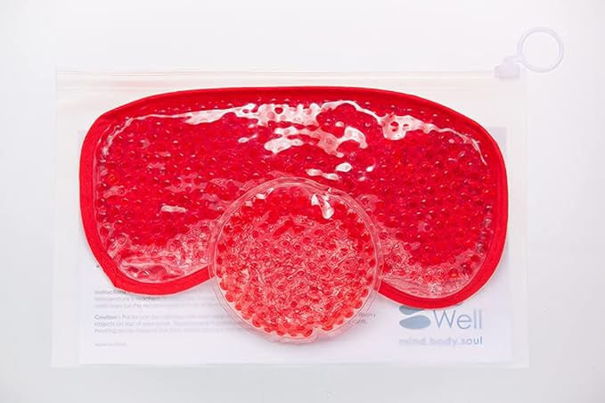 HOT +Cold Aqua Pearls Plush Eye Mask with Soft Plush Backing and Fully Adjustable Strap, Bonus Mini Round pad-2PACKS(Red, Eye Mask+ Mini Round Pad)