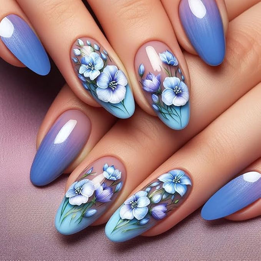 Flowers Press on Nails Medium Almond Fake Nails Blue Floral False Nails Ombre Acrylic Nails with Designs Gradient Artificial Nails for Women Girls Manicure Art Decoration