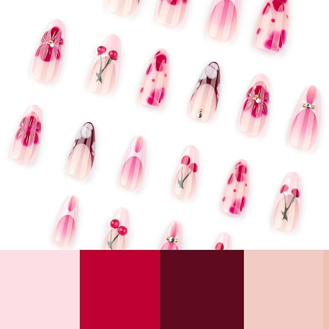 Medium Almond Press on Nails Red cherry French False Nails with 3D Designs Coffin Nails Full Cover Artificial Stick on Nails Reusable Acrylic Nails Glue on Nails for Women Manicure Kit 24PCS