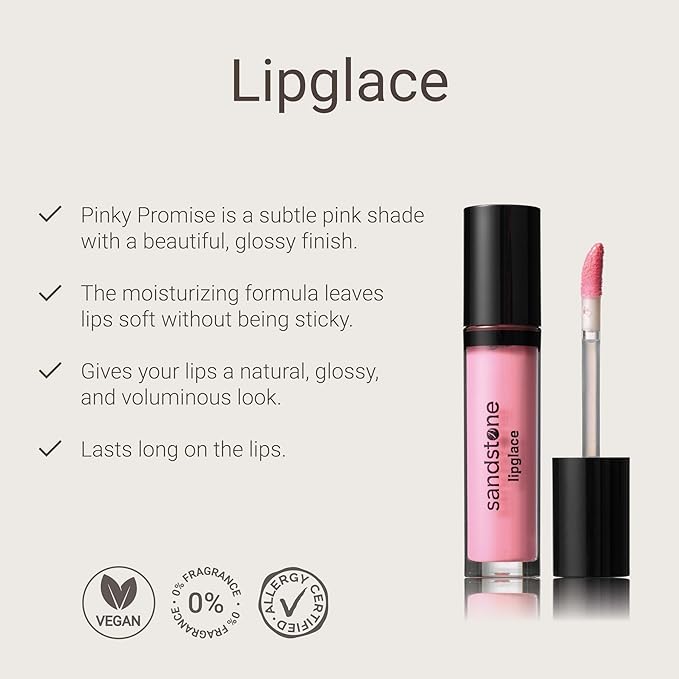 Sandstone Scandinavia Lipglace - Pinky Promise - Hypoallergenic Vegan Lip Gloss - Fragrance Free & Allergy Certified Non-Sticky & Moisturizing Lipgloss Pink - Anti-Aging Hydrating Lipgloss