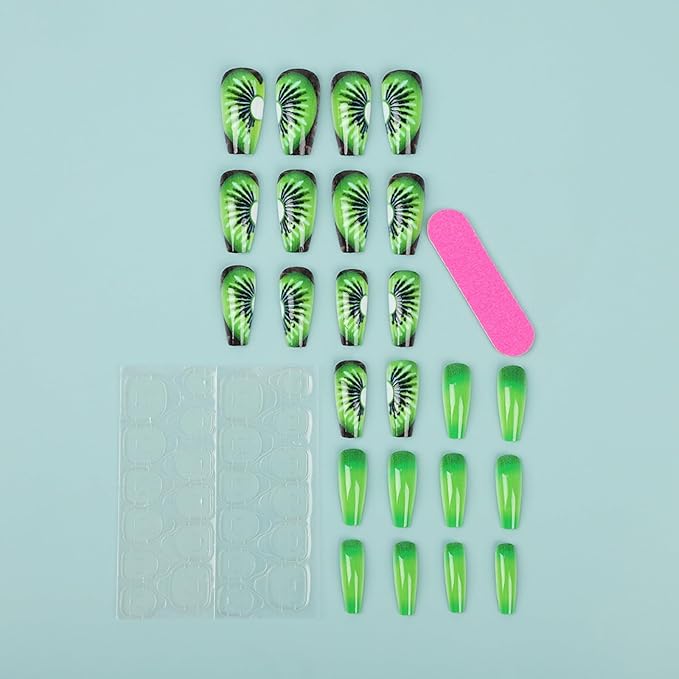 Coffin Press on Nails Long Fake Nails Green False Nails with Designs Artificial Nails Glossy Stick on Nails for Women 24pcs