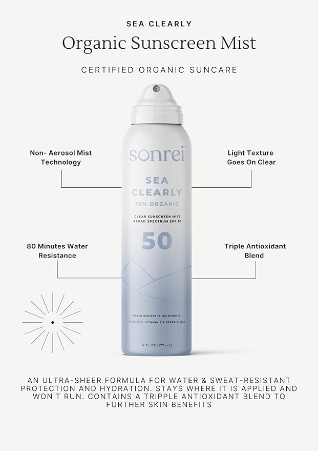 Sonrei Sea Clearly® Organic Mist Sunscreen | SPF 50, Broad Spectrum, Water-Resistant | Vegan, Non-Greasy | Ideal for Face & Body | 6 Fl Oz (Pack of 3)