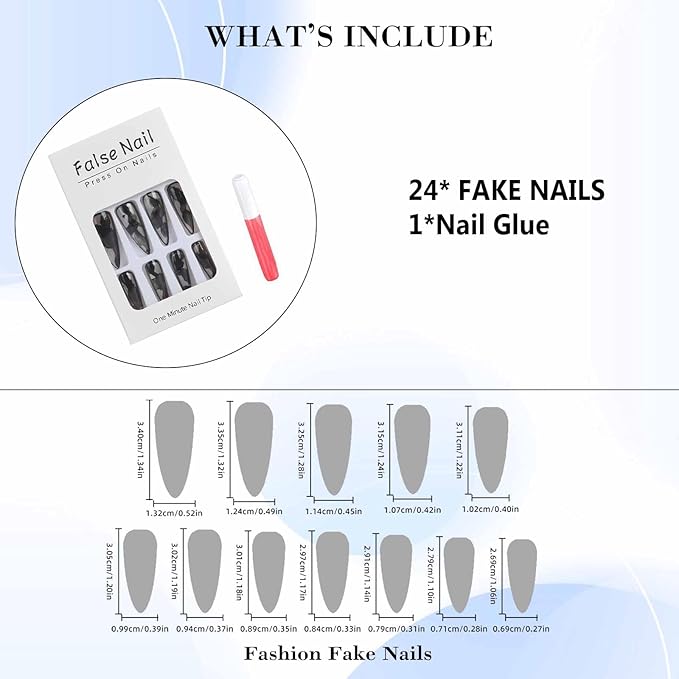 IMRAIN Black French Press-on Nails Long Stiletto Fake Nails Ink Ombre Glossy Glue-on Full Cover Artificial Clear Almond Stick-on for Women 24Pcs Decor Kit