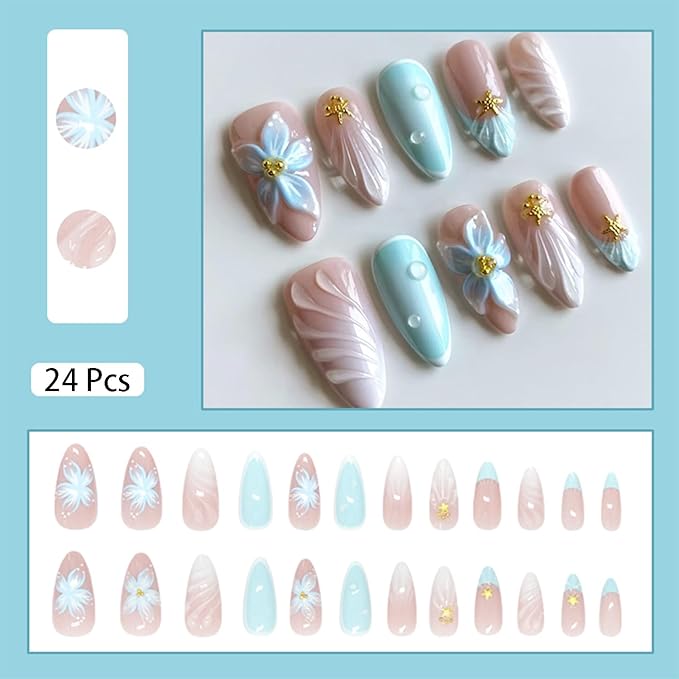24pcs Summer Press on Nails Medium Almond Fake Nails with 3D Blue Flower Designs Gold Starfish Bead Glue on Nails French Tip False Nails Summer Beach Acrylic Nails Full Cover Stick on Nails for Women