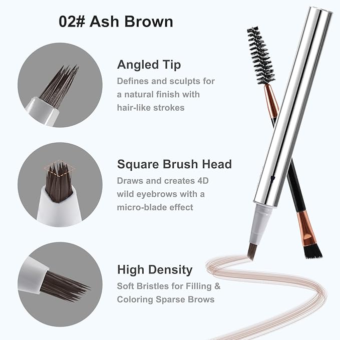 Boobeen 2PCS Wild Liquid Brow Pen, Microblading Natural Eyebrow Pencil with Spiral Brush, Ultra-Precise Tips for Hair-Like Makeup with Brush, Waterproof & Lasts All Day