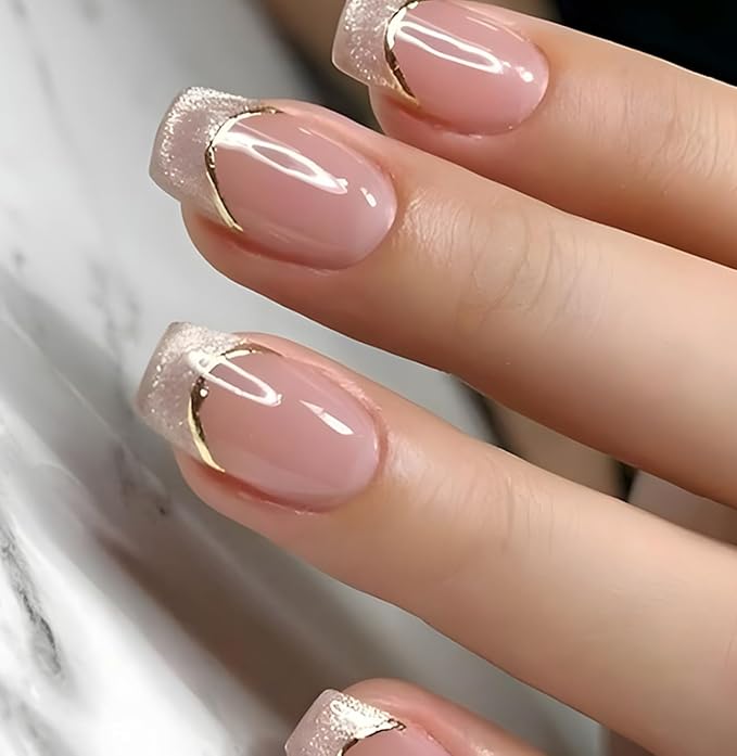 Curvlife Soft Gel Press on Nails, Cat Eye French Nail Tips, Full Cover Glossy Design Reusable Fake Nails Kit with Glue and Adhesive Tabs